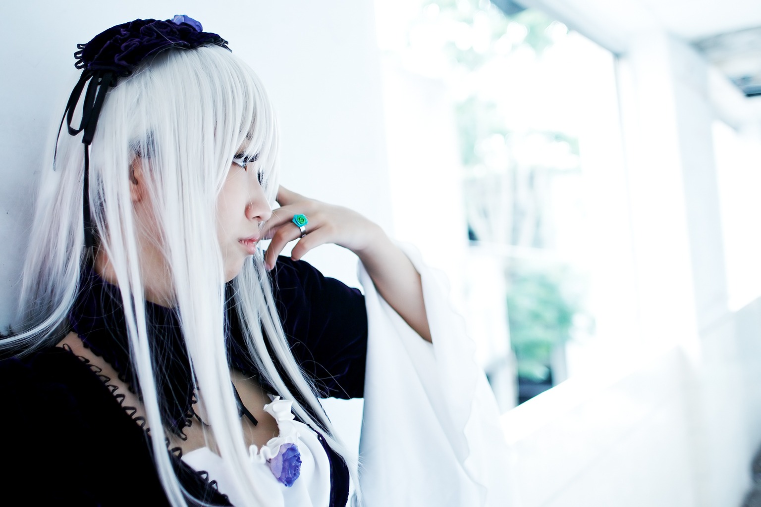 1girl bangs black_ribbon blurry blurry_background closed_eyes closed_mouth depth_of_field dress eyelashes flower frills hairband lace long_hair long_sleeves nail_polish profile ribbon rose solo suigintou white_hair