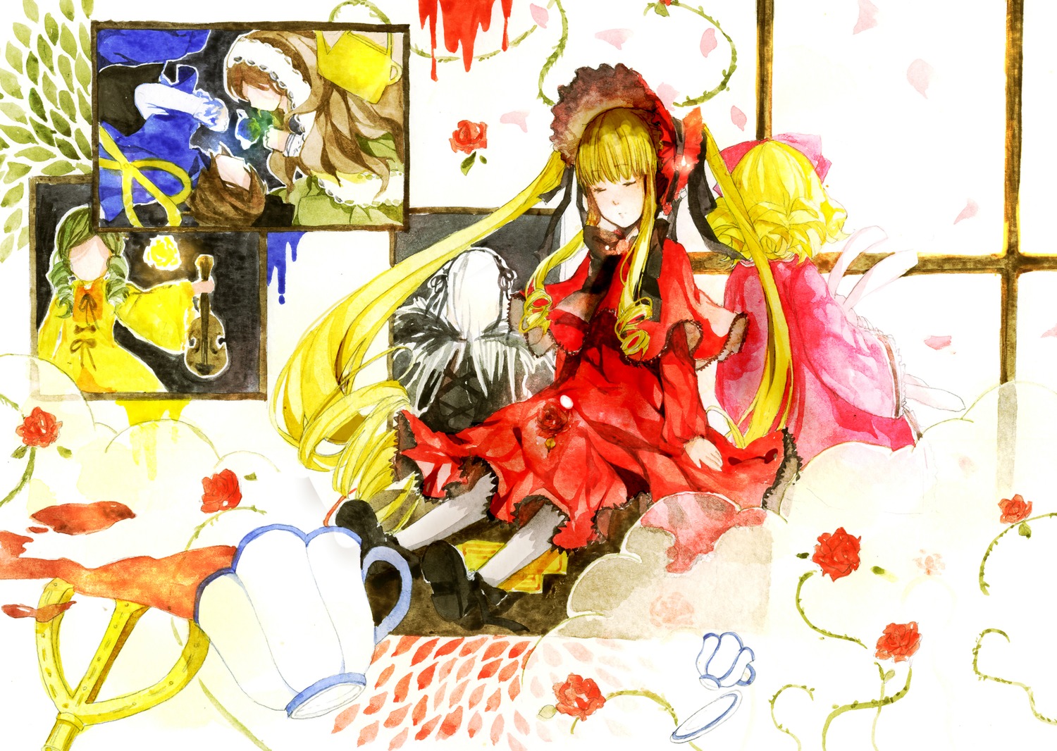 2girls blonde_hair brown_hair closed_eyes dress drill_hair flower hat image long_hair multiple multiple_boys multiple_girls rose shinku tagme twintails