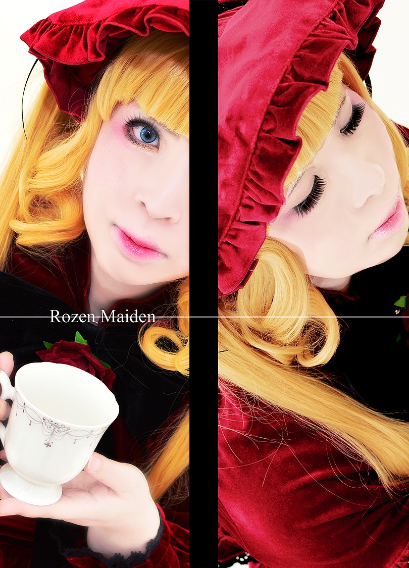 1girl bangs blonde_hair blue_eyes closed_eyes cup flower food hat lips long_hair realistic red_flower red_rose rose shinku solo tea teacup