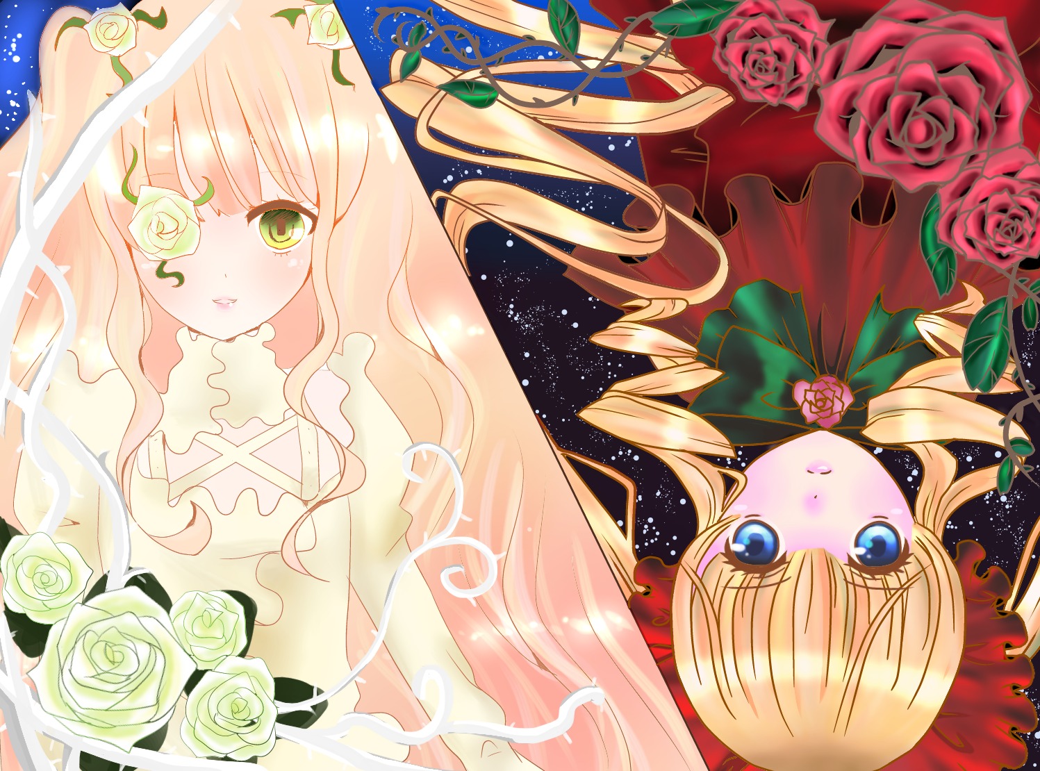 2girls black_rose blonde_hair blue_eyes blue_rose blush dress drill_hair flower green_eyes image kirakishou long_hair multiple_girls pair pink_flower pink_rose purple_rose red_flower red_rose rose rose_petals shinku thorns twin_drills twintails vines white_flower white_rose yellow_flower yellow_rose