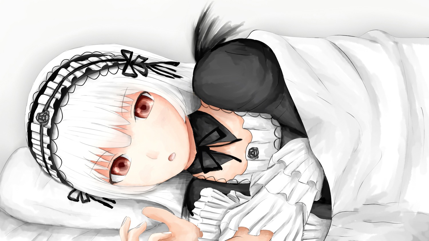 1girl auto_tagged bangs black_ribbon collarbone dress eyebrows_visible_through_hair frills hairband image long_hair long_sleeves looking_at_viewer lying open_mouth puffy_sleeves ribbon silver_hair solo suigintou