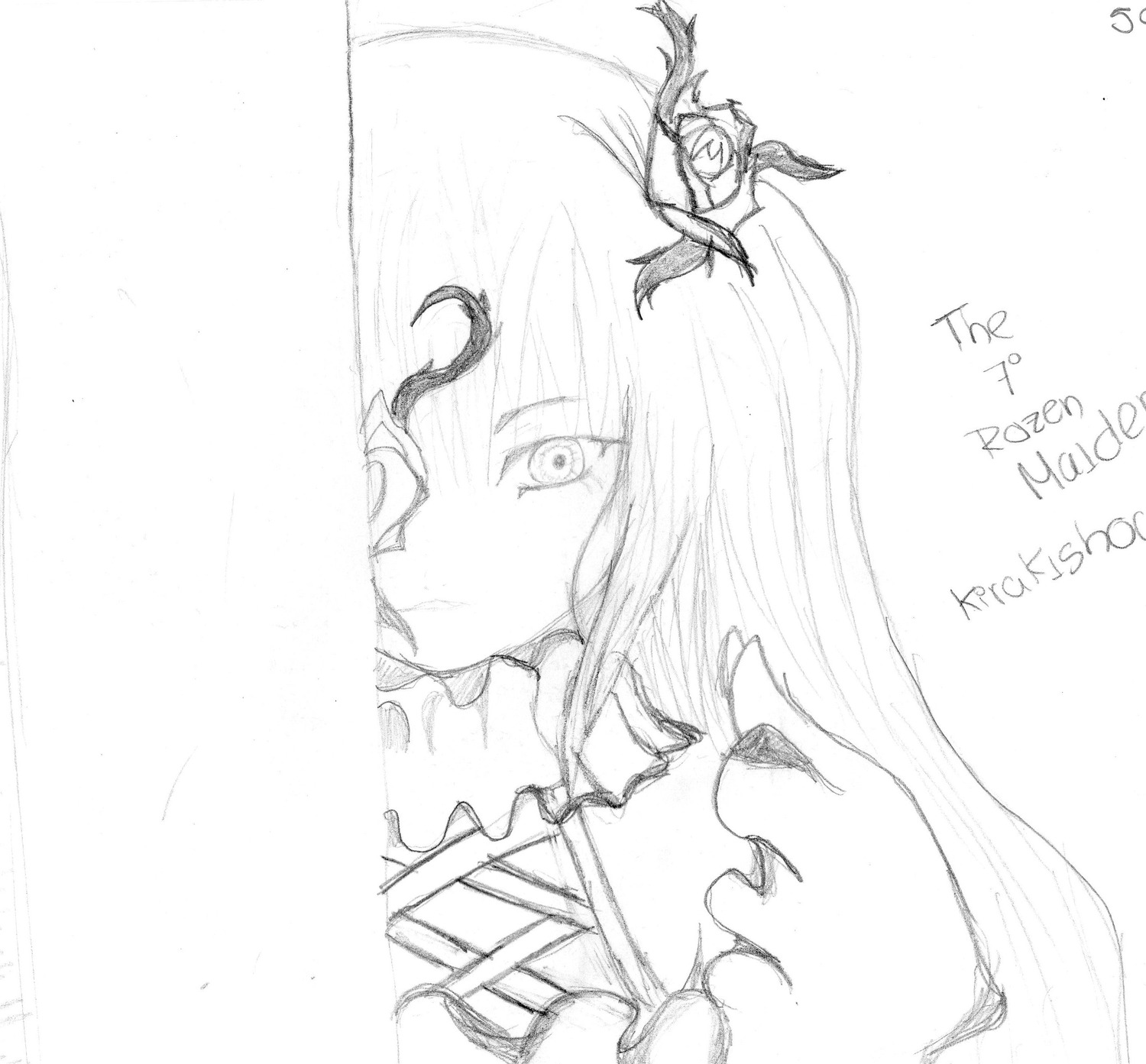1girl greyscale horns image kirakishou long_hair monochrome solo
