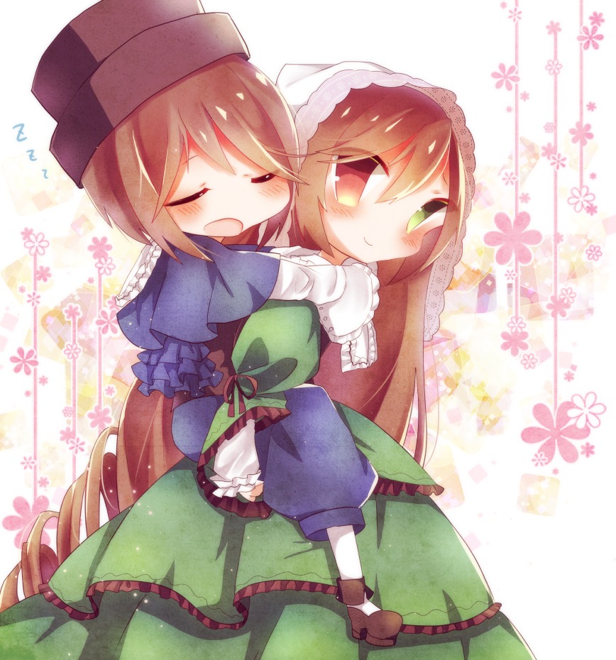 2girls blush brown_hair closed_eyes dress frills green_dress green_eyes hat head_scarf heterochromia hug image long_hair long_sleeves multiple_girls pair red_eyes short_hair siblings sisters smile souseiseki suiseiseki twins very_long_hair