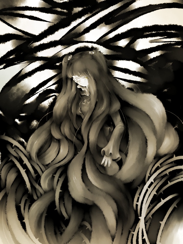 1girl absurdly_long_hair dress image kirakishou long_hair monochrome solo very_long_hair white_skin