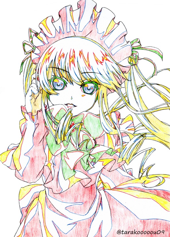 1girl colored_pencil_(medium) drill_hair eyebrows_visible_through_hair image long_hair long_sleeves looking_at_viewer maid_headdress shinku solo traditional_media twintails twitter_username