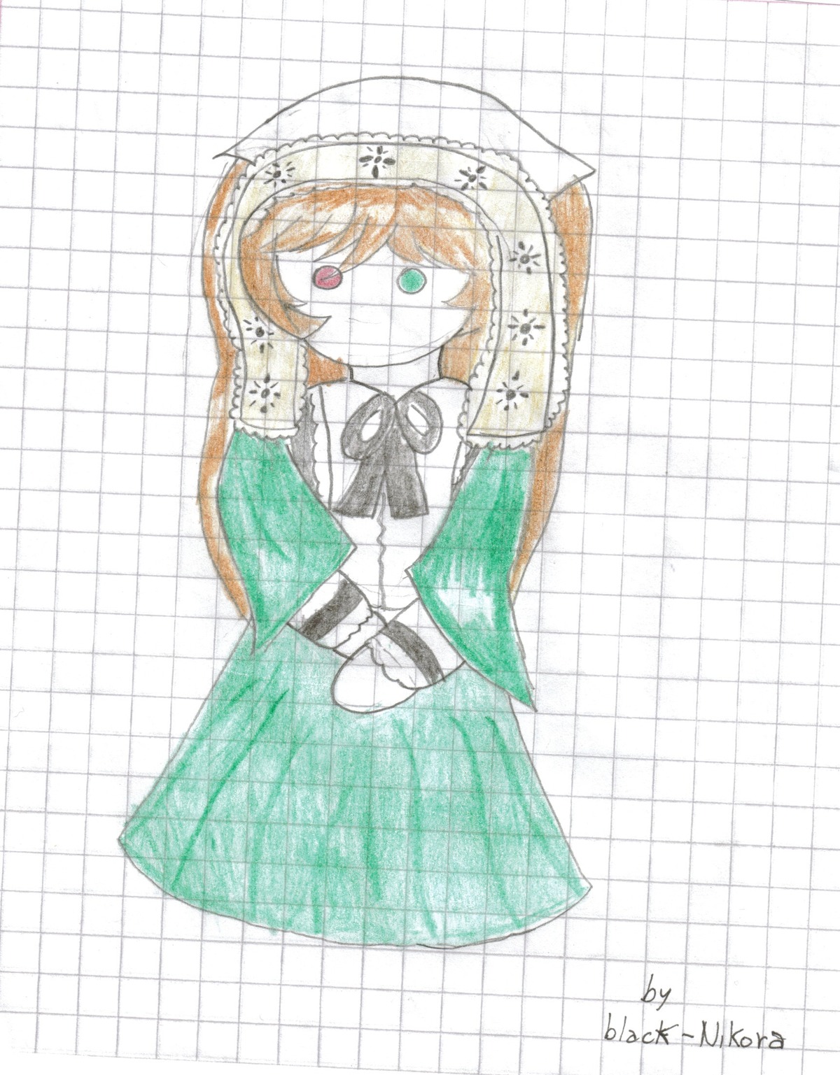1girl brown_hair dress green_dress image long_hair long_sleeves looking_at_viewer red_eyes ribbon solo suiseiseki white_background
