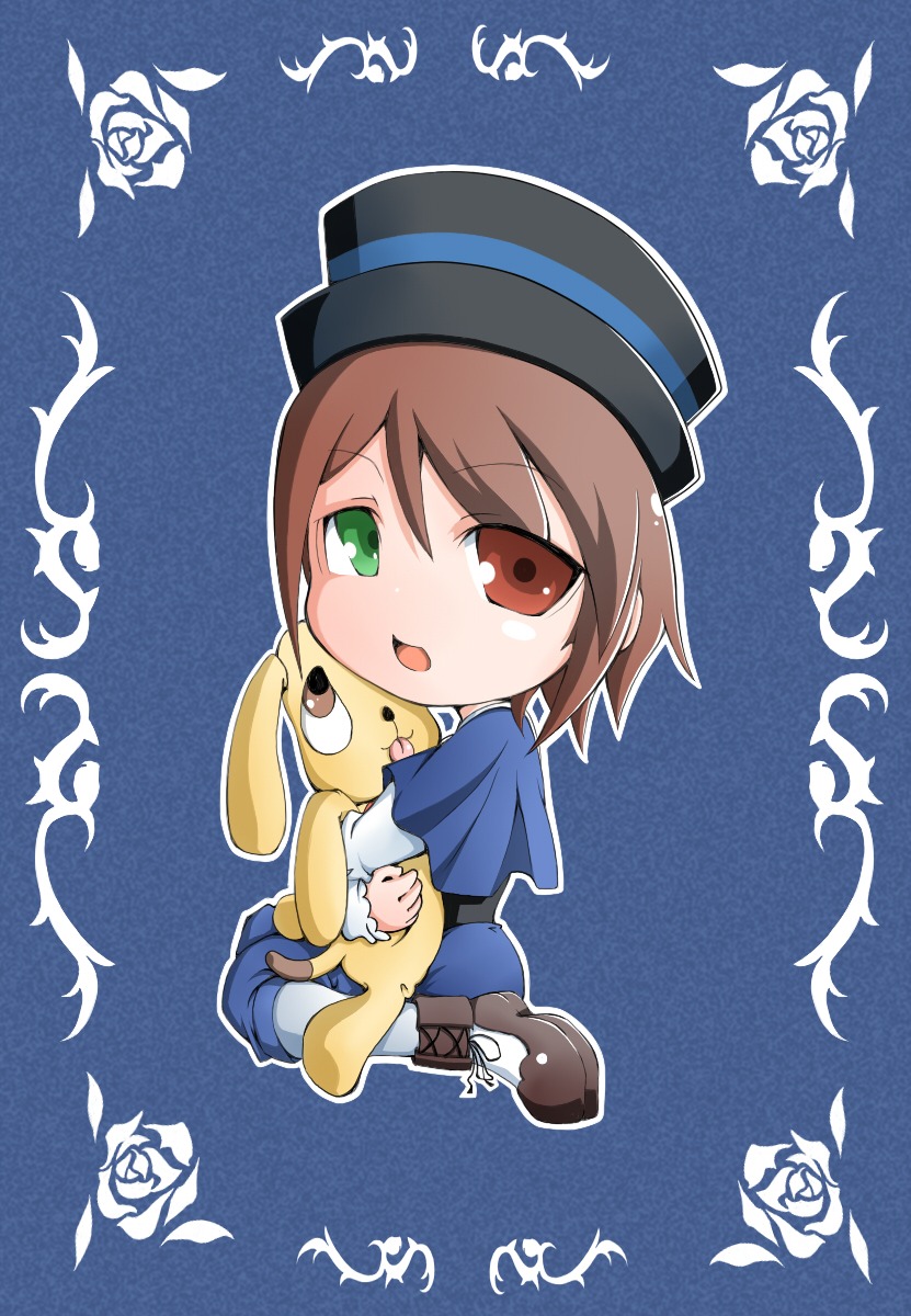 1girl black_flower black_rose blue_flower blue_rose brown_hair flower green_eyes hat heterochromia image long_sleeves pants pink_rose purple_rose red_eyes red_rose rose short_hair solo souseiseki spoken_squiggle stuffed_animal suiseiseki thorns white_flower white_rose yellow_rose