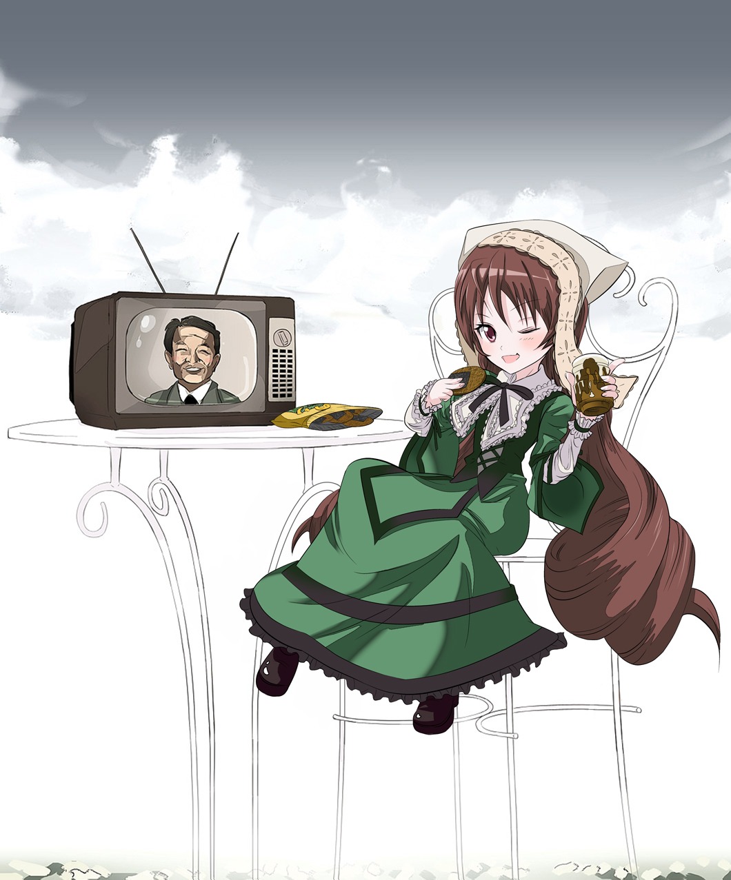 1girl ;d brown_eyes brown_hair dress food green_dress image long_hair one_eye_closed open_mouth smile solo suiseiseki very_long_hair