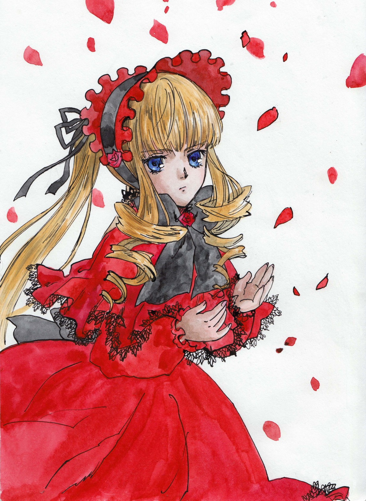 1girl blonde_hair blue_eyes bonnet dress drill_hair flower image long_hair long_sleeves looking_at_viewer marker_(medium) petals red_dress ringlets rose rose_petals shinku solo traditional_media twin_drills twintails