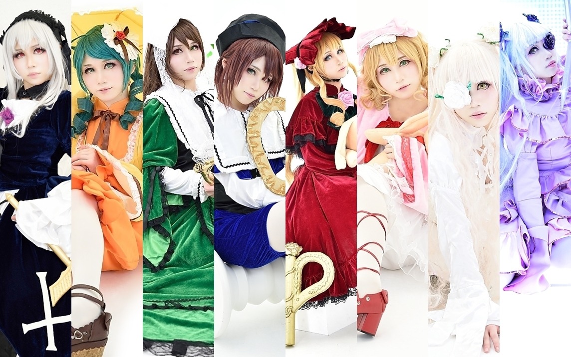 6+girls blonde_hair brown_hair dress eyepatch flower frills hair_ornament hat kanaria long_hair multiple_cosplay multiple_girls short_hair souseiseki suigintou suiseiseki tagme