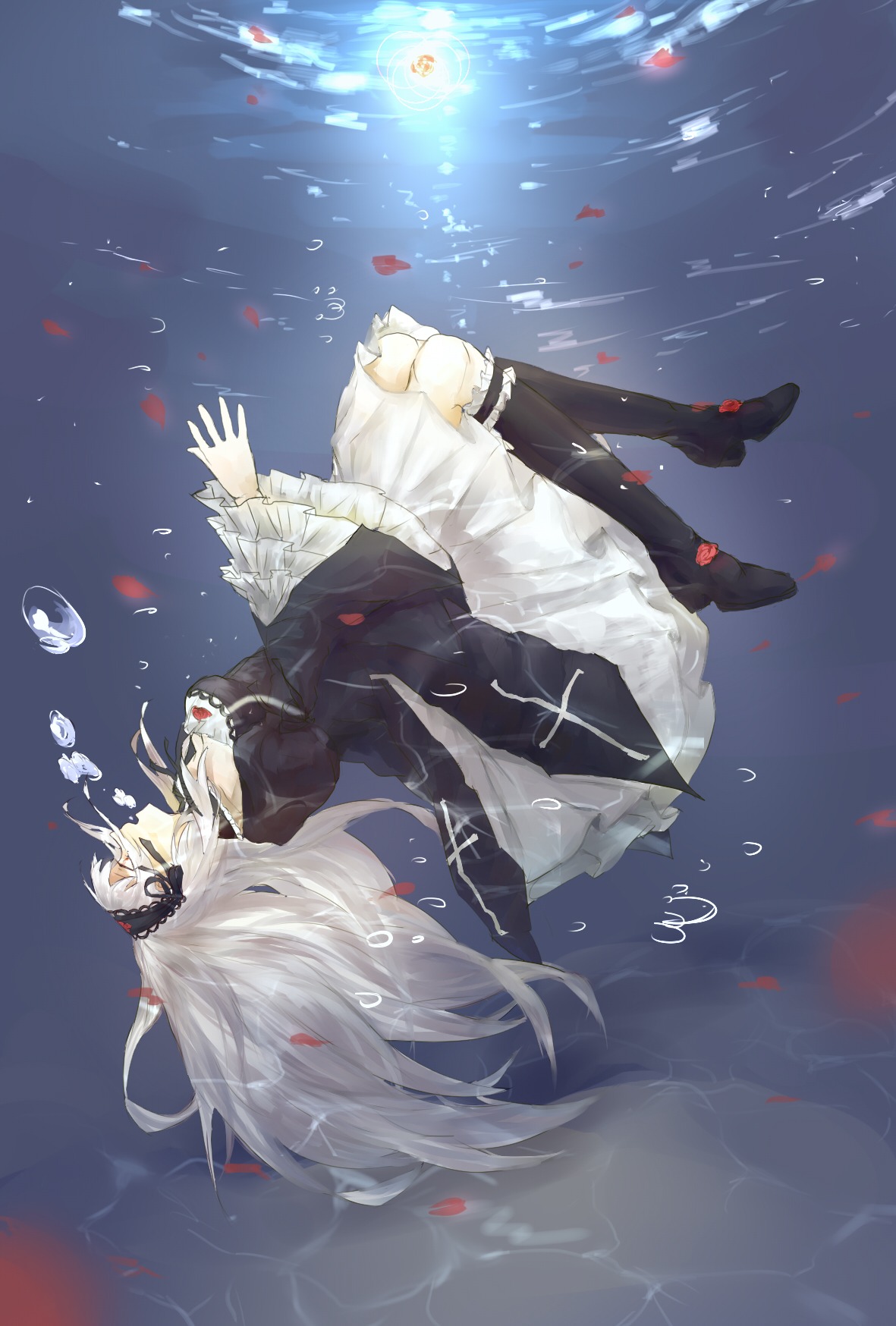 1girl air_bubble albino asphyxiation bad_id bad_pixiv_id black_dress black_footwear boots breath bubble bubble_blowing doll dress drowning flower frilled_sleeves frills full_body gothic gothic_lolita hairband highres image kuro_(3203191) light_rays lolita_fashion lolita_hairband long_hair long_sleeves open_mouth panicking petals red_eyes ribbon rose rozen_maiden silver_hair sinking solo submerged suigintou sunlight underwater upside-down very_long_hair water white_hair wings