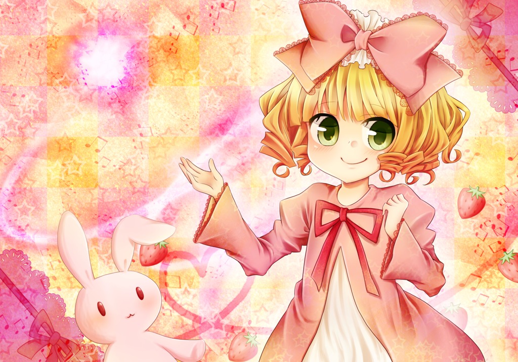 1girl blonde_hair bow dress food fruit green_eyes hair_bow hina_ichigo hinaichigo image long_sleeves pink_bow ribbon short_hair smile solo strawberry