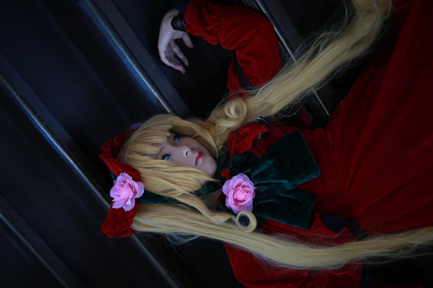 1girl blonde_hair blue_eyes dress flower lips long_sleeves red_dress rose shinku solo