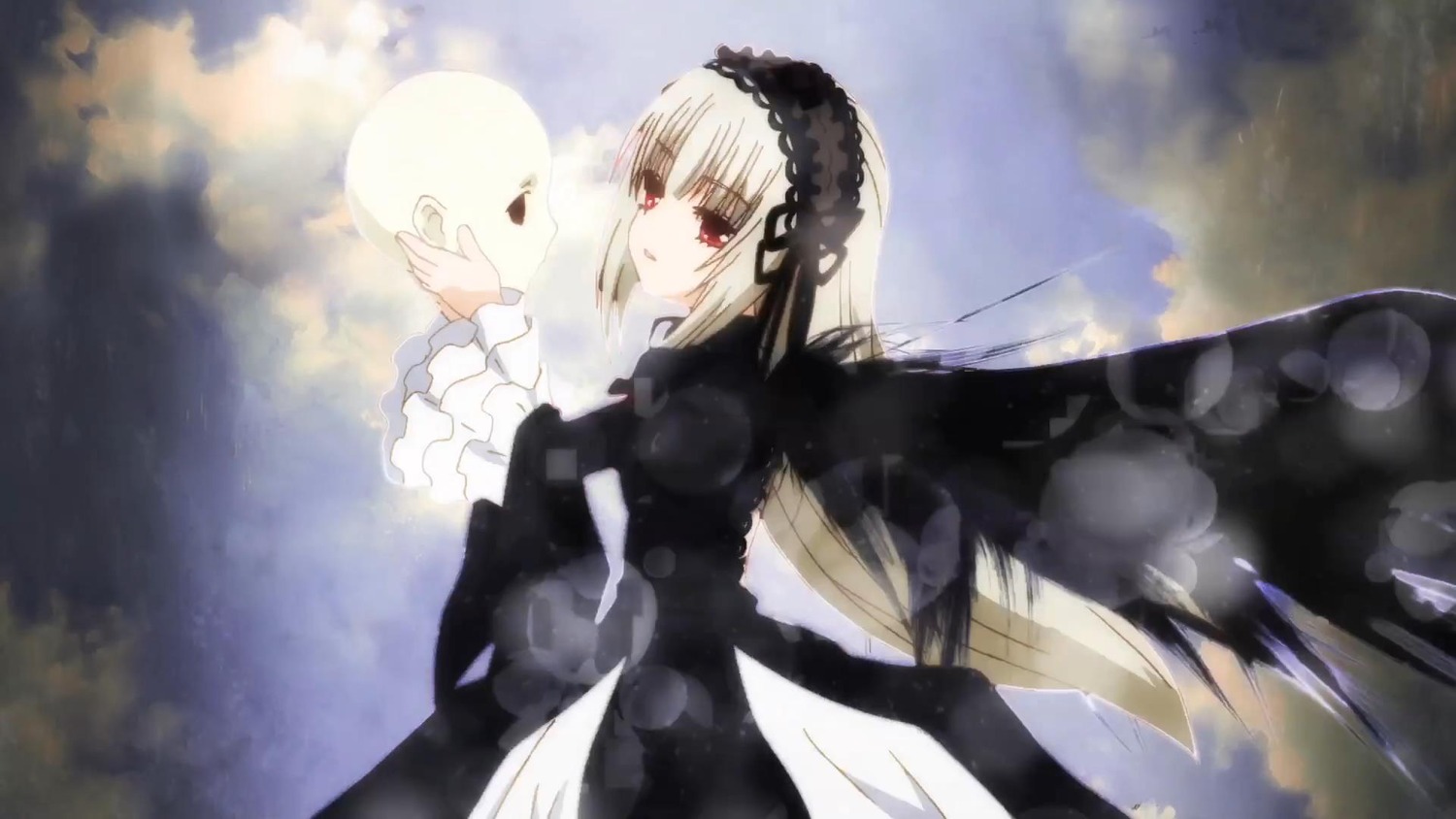 1girl bangs black_dress black_ribbon black_wings cloud cloudy_sky dress frilled_sleeves frills hairband image long_hair long_sleeves red_eyes ribbon silver_hair sky solo suigintou very_long_hair wings