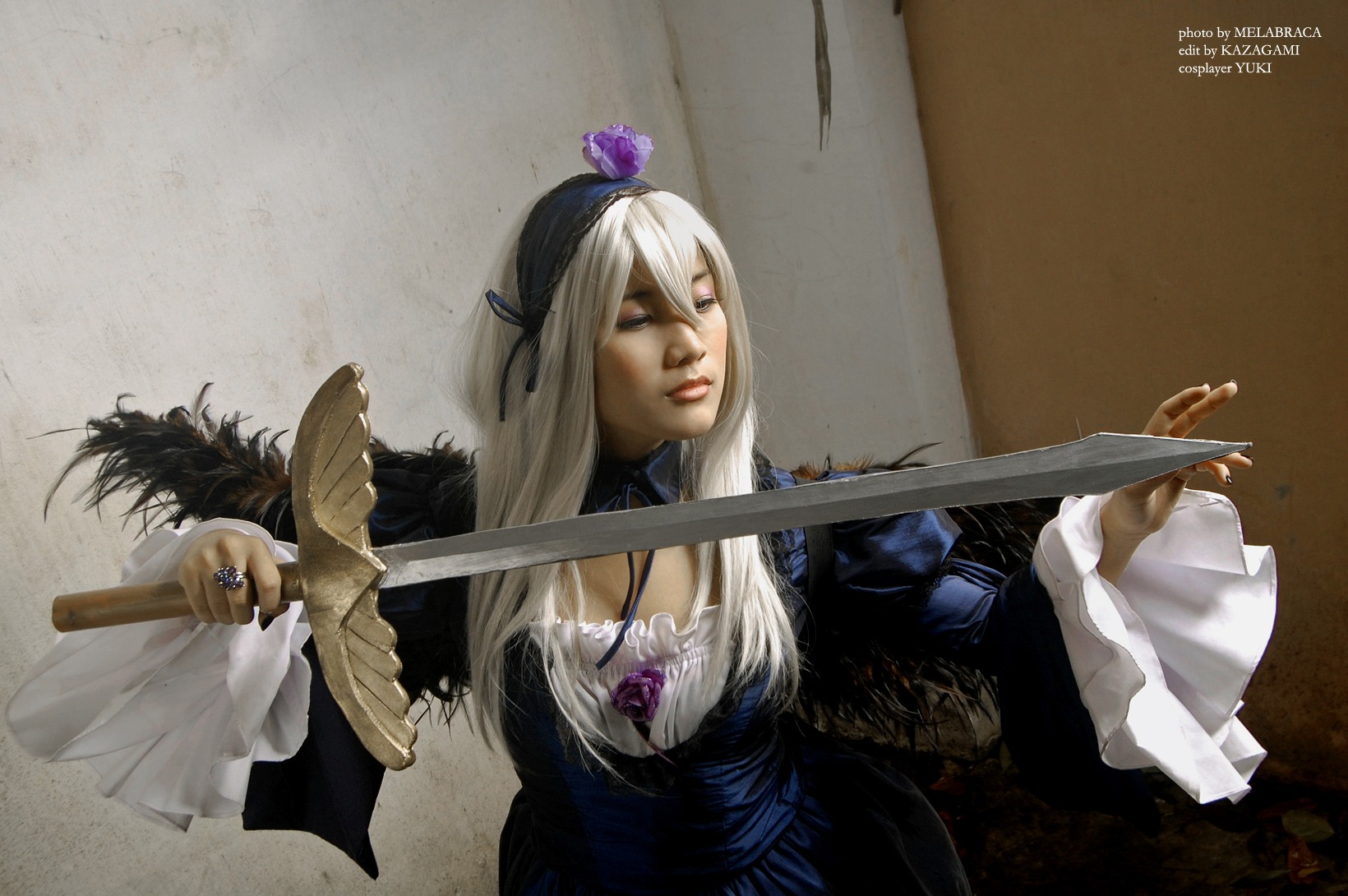 1girl fingernails flower hair_flower hair_ornament holding holding_sword holding_weapon jewelry lips long_hair solo suigintou sword upper_body weapon white_hair
