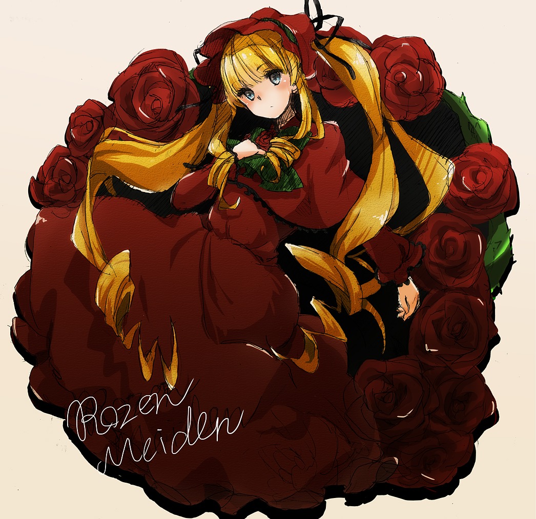 1girl akiho_(quinrose) bad_id bad_pixiv_id blonde_hair blue_eyes blush bonnet bow copyright_name dress drill_hair english_text flower hair_ornament hair_ribbon hand_on_own_chest hat headdress image lolita_fashion long_hair long_sleeves looking_at_viewer photoshop_(medium) pink_flower pink_rose red_capelet red_dress red_flower red_rose ribbon rose rose_petals rozen_maiden shinku solo thorns twin_drills twintails very_long_hair