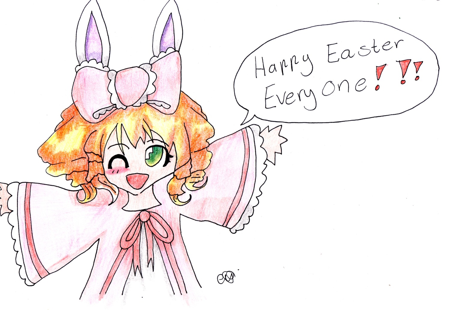 1girl ;d blonde_hair blush english_text eyebrows_visible_through_hair green_eyes hat hina_ichigo hinaichigo image long_sleeves one_eye_closed open_mouth simple_background smile solo speech_bubble striped white_background