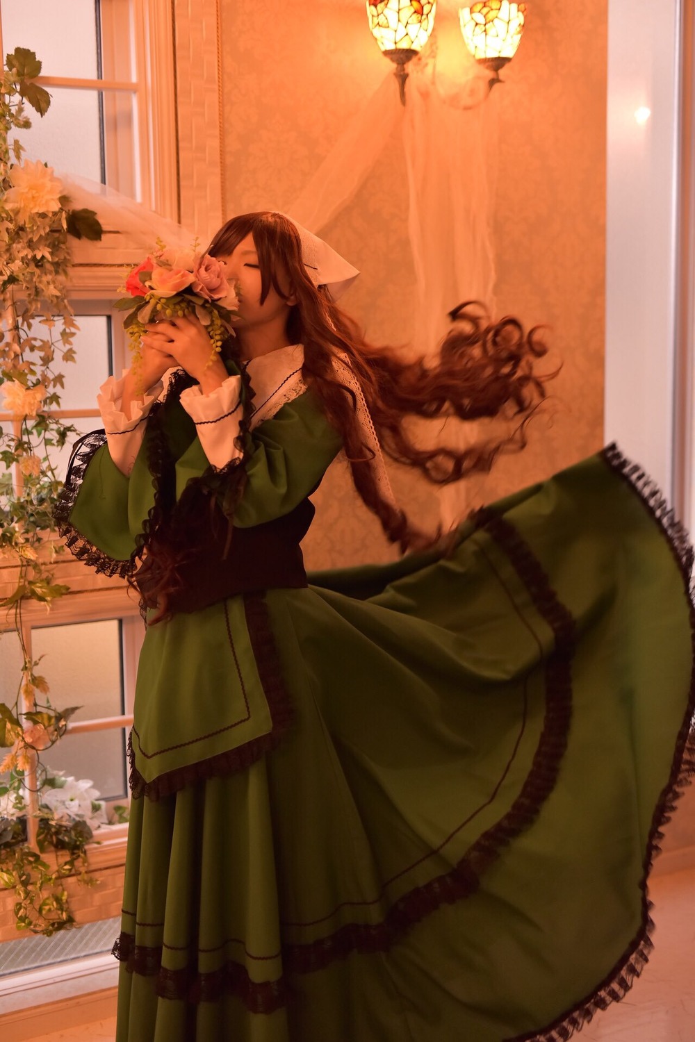 1girl brown_hair closed_eyes dress flower frills green_dress long_hair long_sleeves solo suiseiseki very_long_hair window