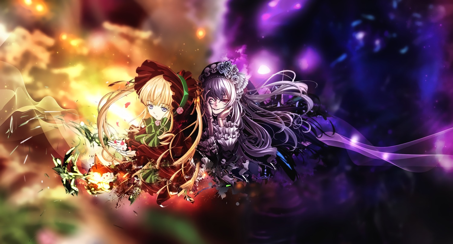 2girls blonde_hair blue_eyes blurry bonnet bow dress flower frills hairband image lolita_fashion long_hair long_sleeves multiple_girls pair red_dress rose shinku silver_hair smile suigintou very_long_hair wings