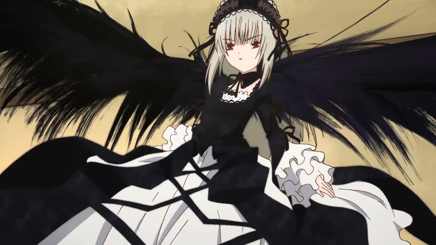 1girl black_ribbon black_wings dress frilled_sleeves frills hairband image long_hair long_sleeves looking_at_viewer red_eyes ribbon rose silver_hair solo suigintou very_long_hair wings