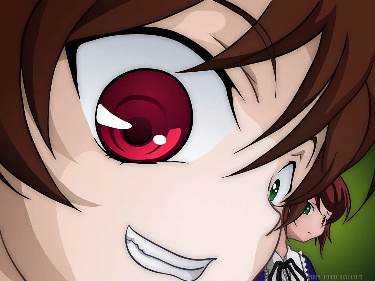 brown_hair close-up eyes face green_eyes hair_between_eyes heterochromia image looking_at_viewer multiple_girls pair red_eyes ribbon short_hair souseiseki suiseiseki