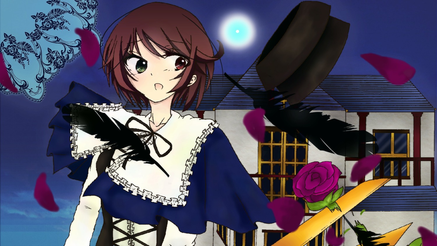 1girl brown_hair flower green_eyes heterochromia image open_mouth petals red_eyes rose rose_petals short_hair solo souseiseki suiseiseki