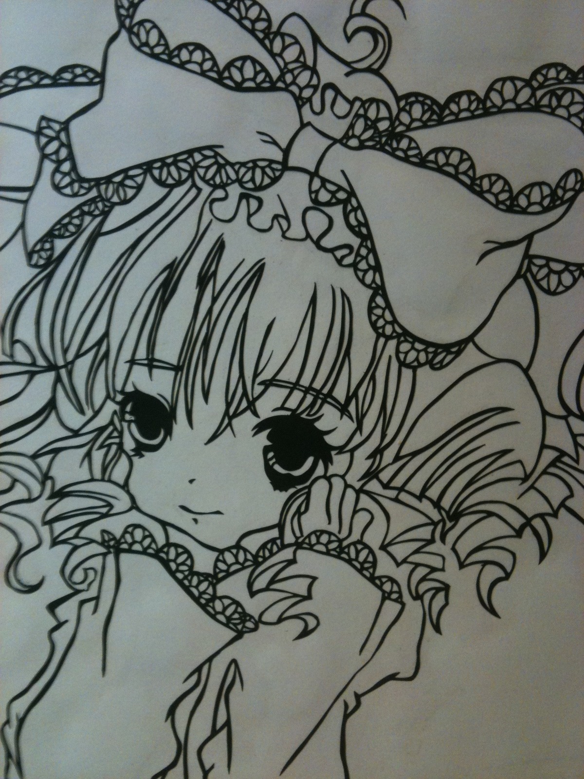 1girl bow detached_sleeves frills greyscale hair_ornament hakurei_reimu hinaichigo image long_sleeves looking_at_viewer monochrome solo traditional_media wide_sleeves
