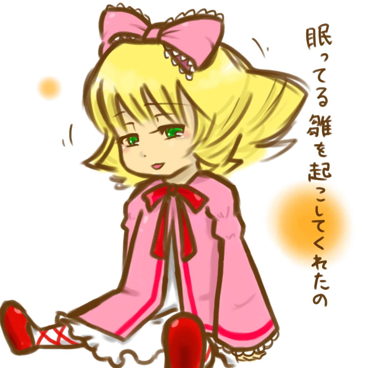 1girl blonde_hair bow dress full_body green_eyes hair_bow hina_ichigo hinaichigo image long_sleeves pink_bow pink_dress red_footwear short_hair simple_background sitting solo white_background