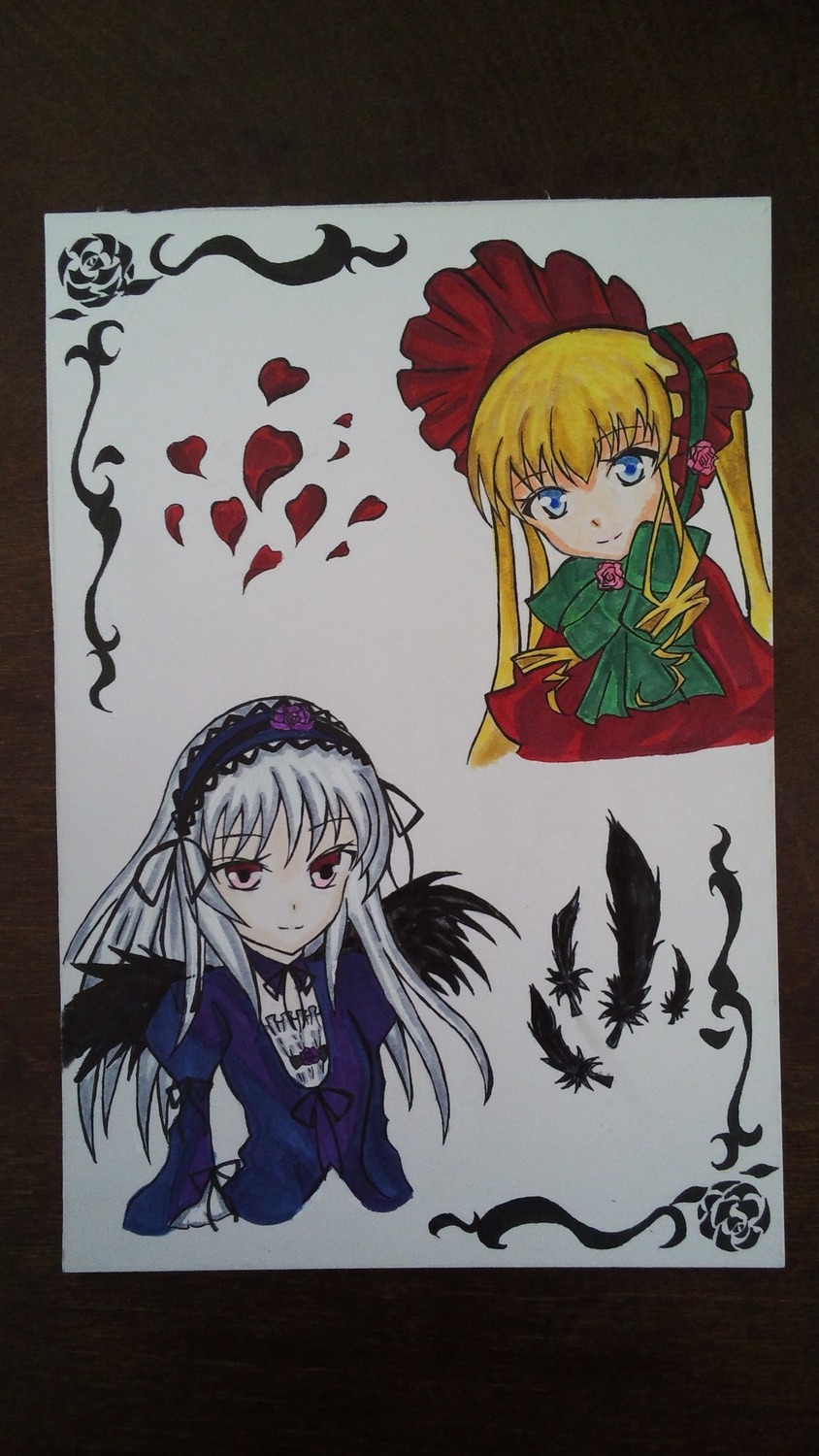 2girls auto_tagged blonde_hair blue_eyes bonnet bow dress flower frills green_neckwear hairband image long_hair long_sleeves looking_at_viewer multiple_girls pair rose shinku silver_hair smile suigintou traditional_media
