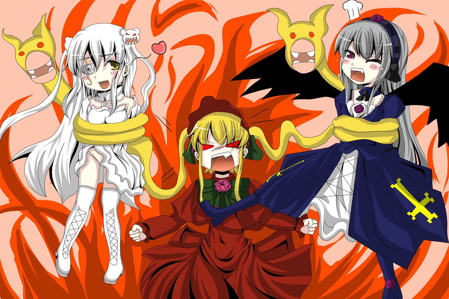 3girls black_wings blonde_hair dress eyepatch hairband image jack-o'-lantern long_hair multiple multiple_girls one_eye_closed pumpkin red_eyes shinku silver_hair suigintou tagme wings yellow_eyes
