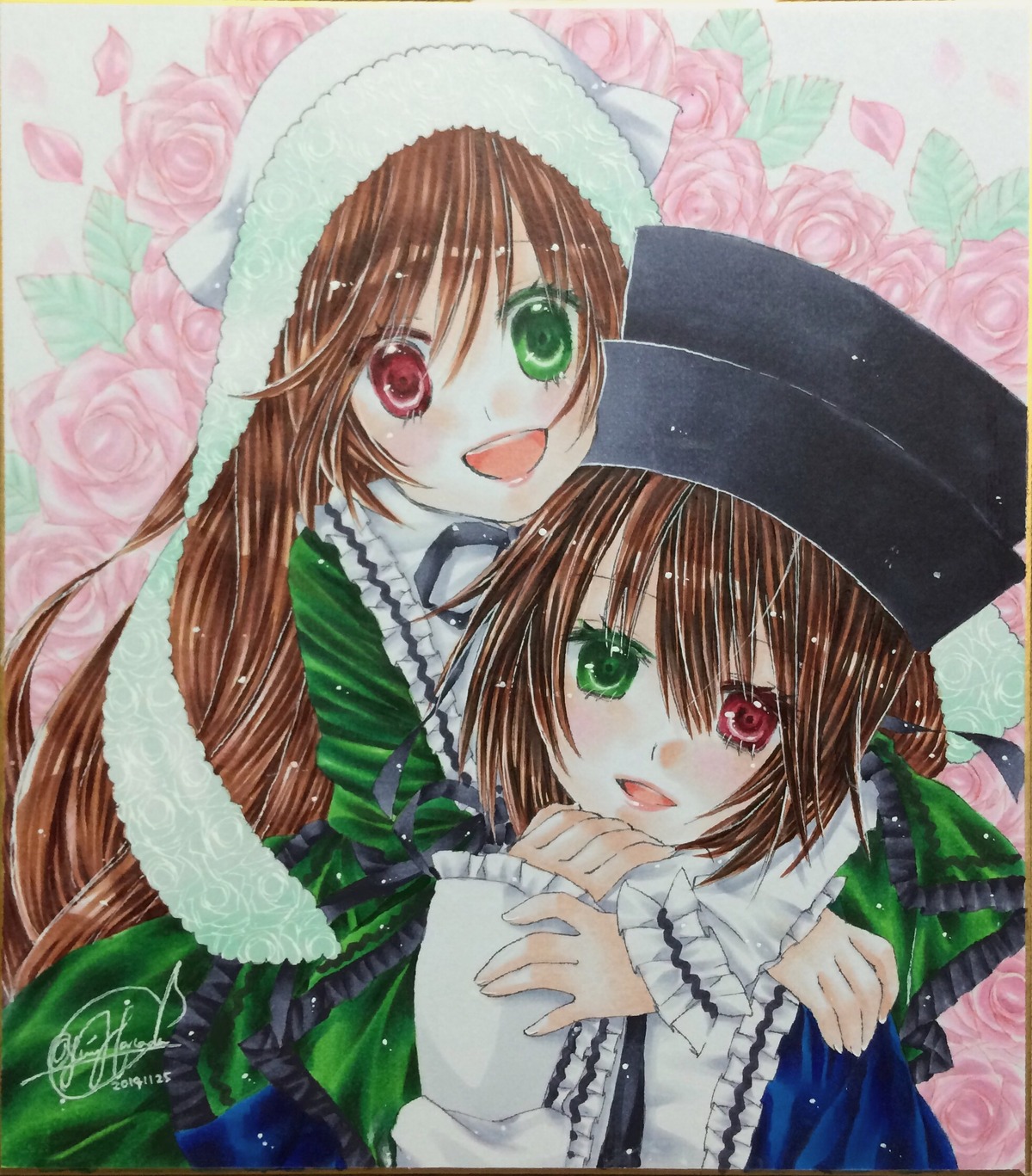 2girls brown_hair dress flower green_dress green_eyes hat head_scarf heterochromia image long_hair long_sleeves looking_at_viewer multiple_girls open_mouth pair pink_flower pink_rose red_eyes rose short_hair siblings sisters smile souseiseki suiseiseki traditional_media twins