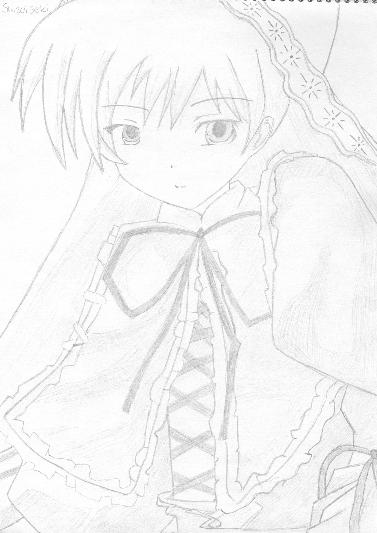 1girl blush dress frills greyscale image long_hair long_sleeves looking_at_viewer monochrome simple_background solo suiseiseki upper_body white_background