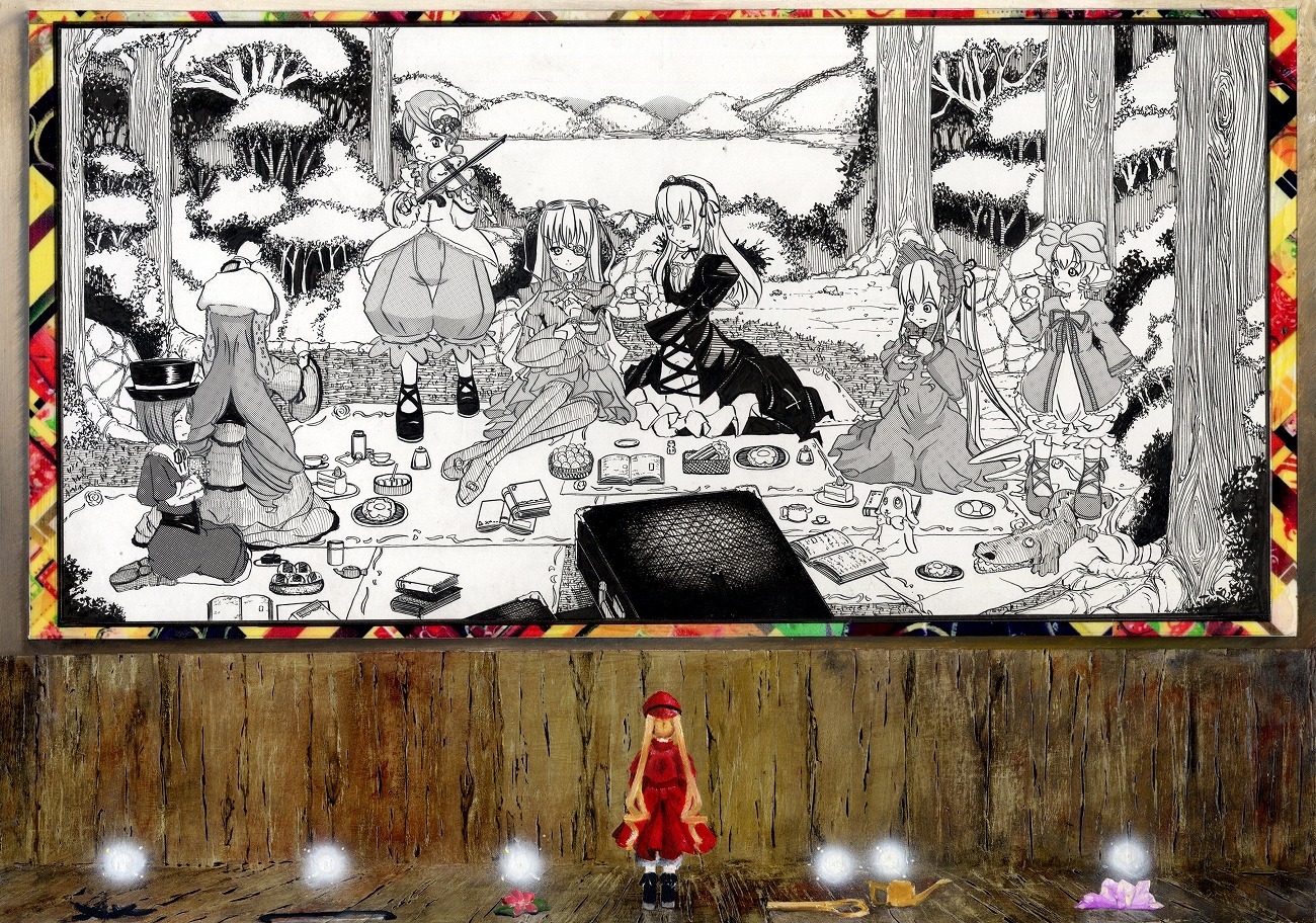 6+girls aki_shizuha hakurei_reimu hat image instrument japanese_clothes long_hair monochrome multiple multiple_girls short_hair sitting tagme