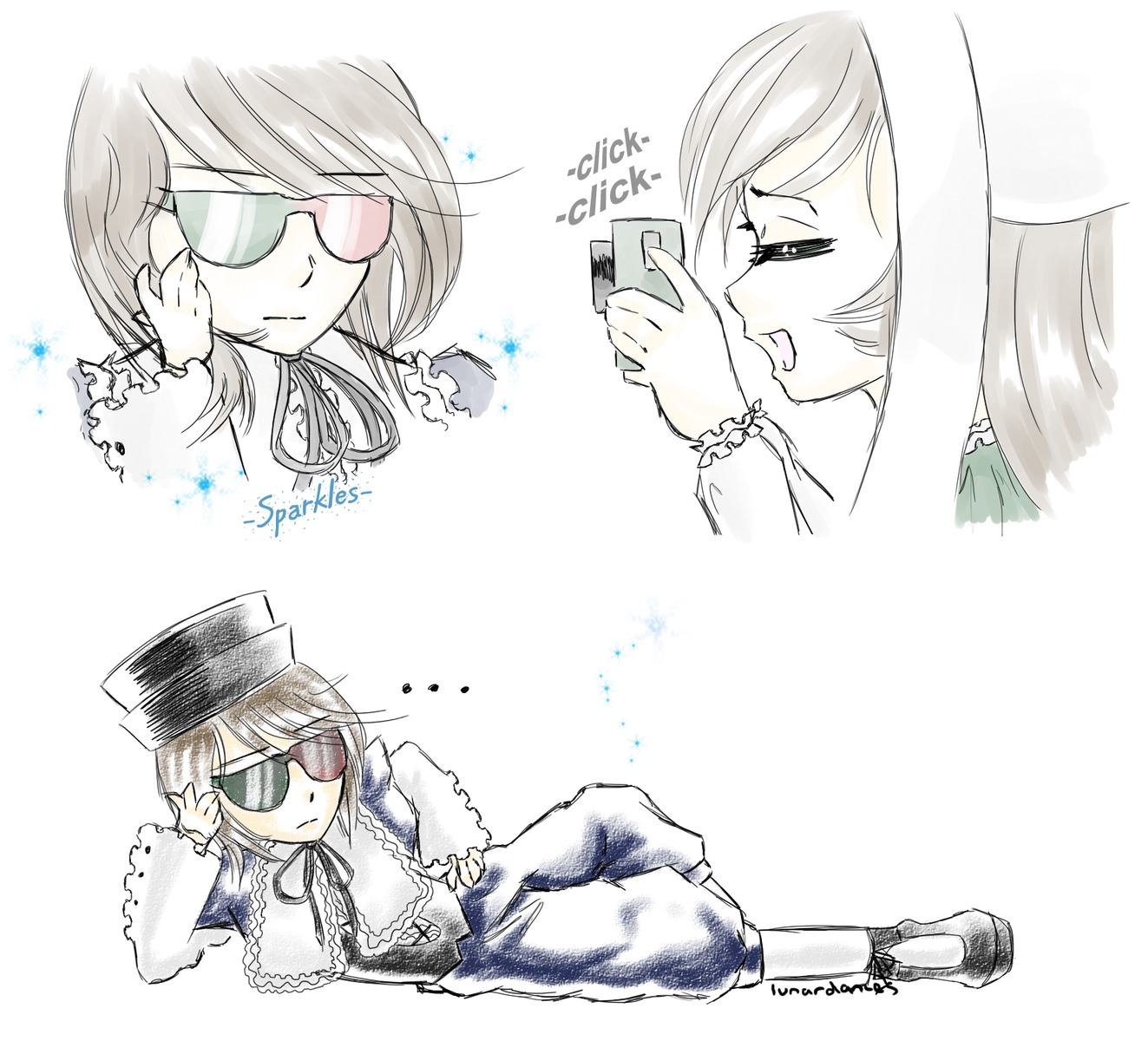 1girl hat image long_hair long_sleeves mask pair ribbon smile souseiseki suiseiseki sunglasses white_background