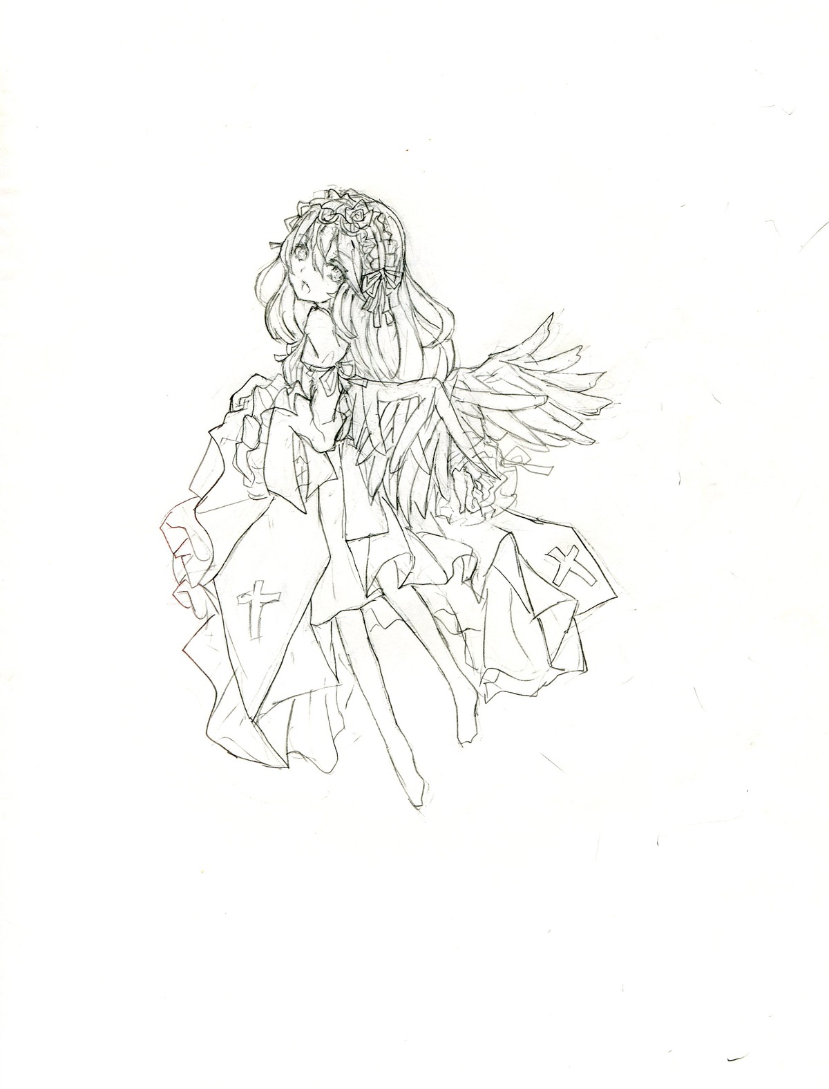 1girl bare_shoulders barefoot dress flower full_body greyscale image long_hair monochrome solo suigintou wings