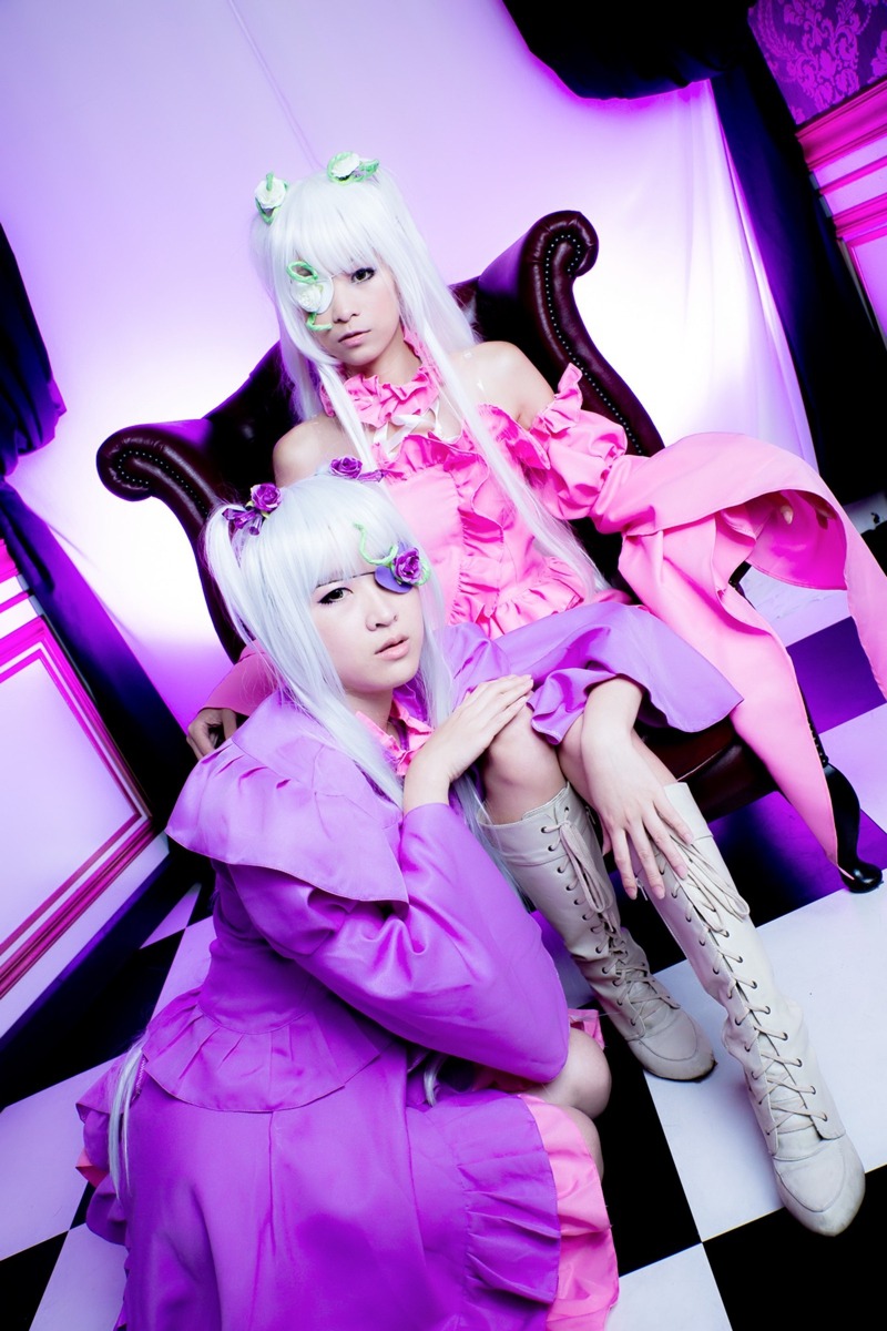 1boy 1girl argyle argyle_background argyle_legwear barasuishou board_game boots checkered checkered_background checkered_floor chess_piece dress floor frills hair_ornament instrument kirakishou long_hair multiple_cosplay on_floor perspective reflection reflective_floor rook_(chess) sitting tagme tile_floor tiles white_hair