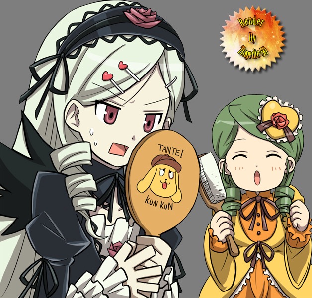 2girls closed_eyes dress drill_hair flower frills gothic_lolita green_hair hair_ornament hairclip hat image juliet_sleeves kanaria lolita_fashion long_hair long_sleeves multiple_girls open_mouth pair red_eyes ribbon rose silver_hair suigintou sweatdrop twin_drills