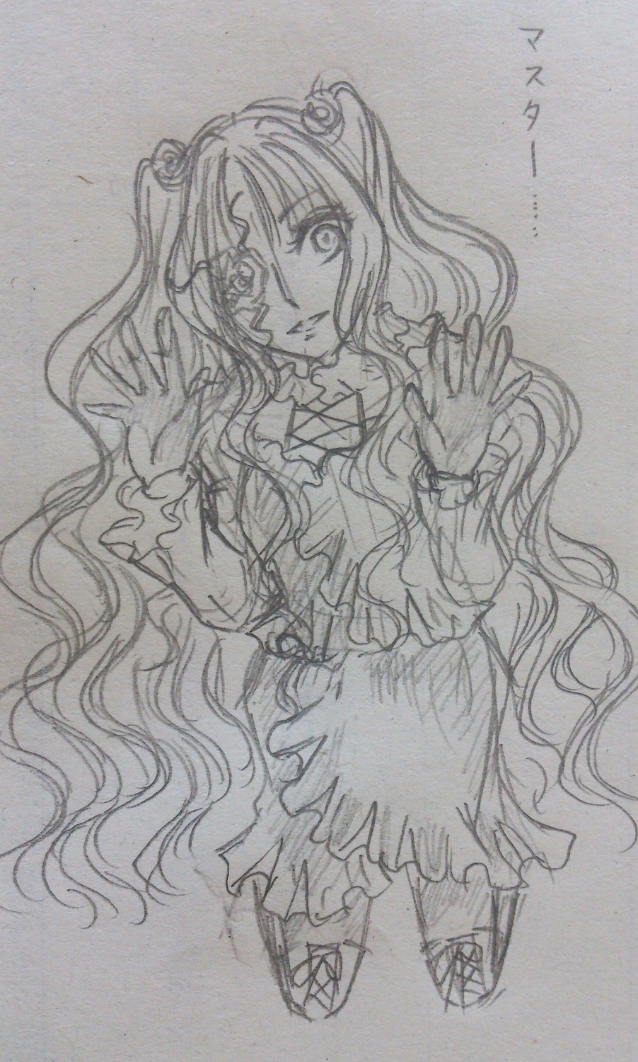 1girl auto_tagged dress graphite_(medium) greyscale hair_ornament image kirakishou long_hair long_sleeves looking_at_viewer monochrome solo traditional_media very_long_hair