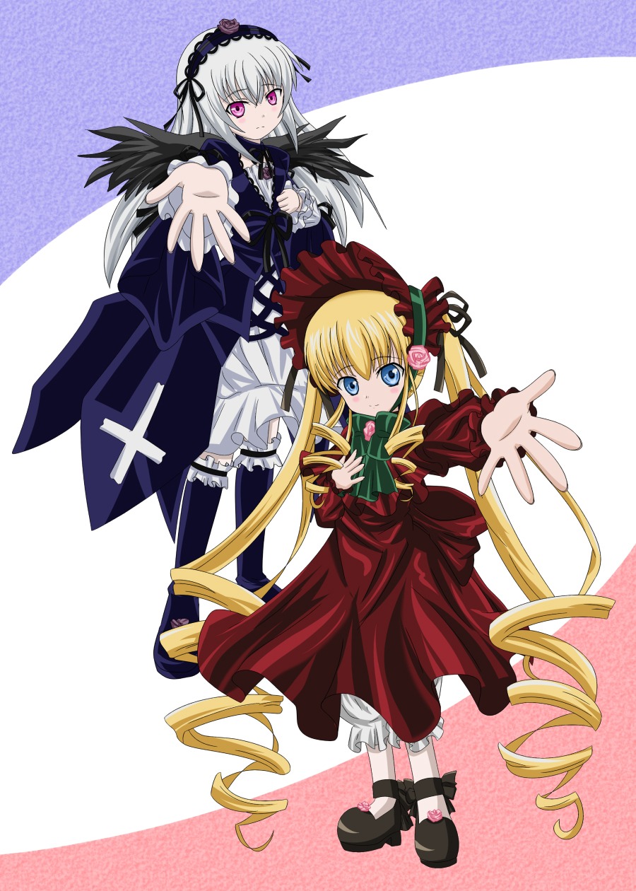 2girls auto_tagged black_wings blonde_hair bloomers blue_eyes bonnet bow dress drill_hair frills hairband image long_hair long_sleeves looking_at_viewer multiple_girls outstretched_arm outstretched_hand pair reaching red_dress shinku silver_hair suigintou twin_drills twintails very_long_hair wings
