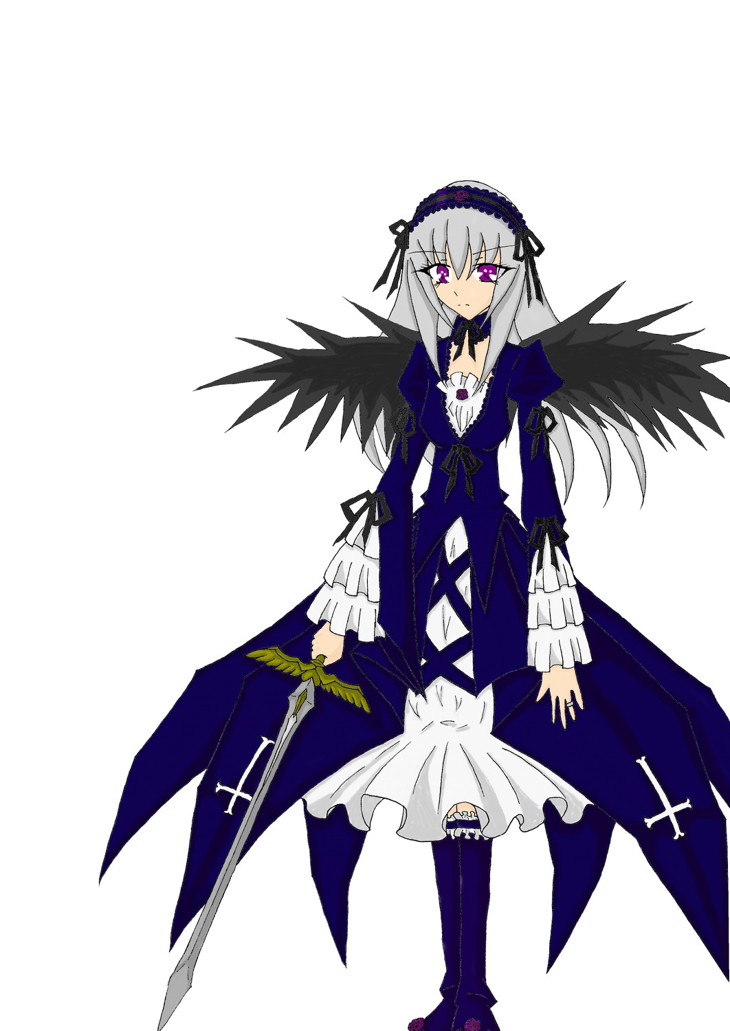 1girl black_wings boots cross-laced_clothes detached_collar dress flower frilled_sleeves frills full_body hairband holding holding_weapon image long_hair long_sleeves looking_at_viewer rose silver_hair simple_background solo standing suigintou sword weapon white_background wings