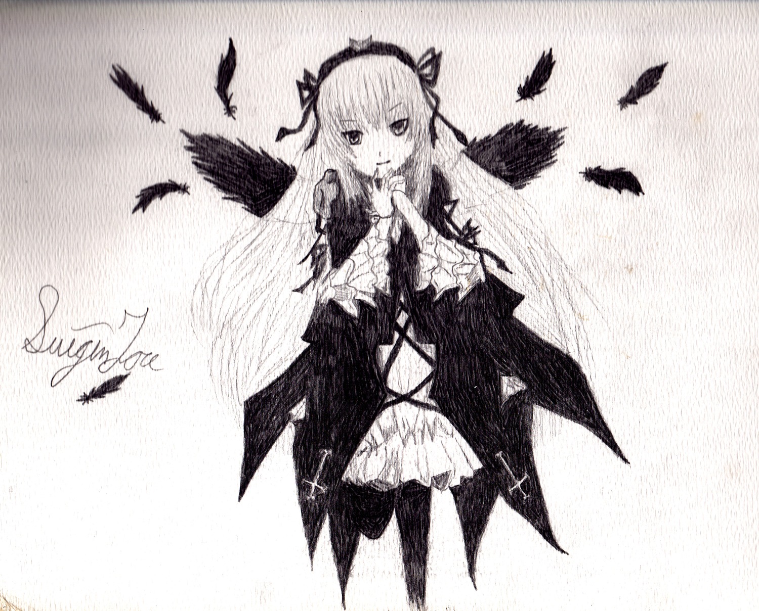 1girl bird blush feathers greyscale hairband image long_hair long_sleeves looking_at_viewer monochrome ribbon solo suigintou traditional_media wings