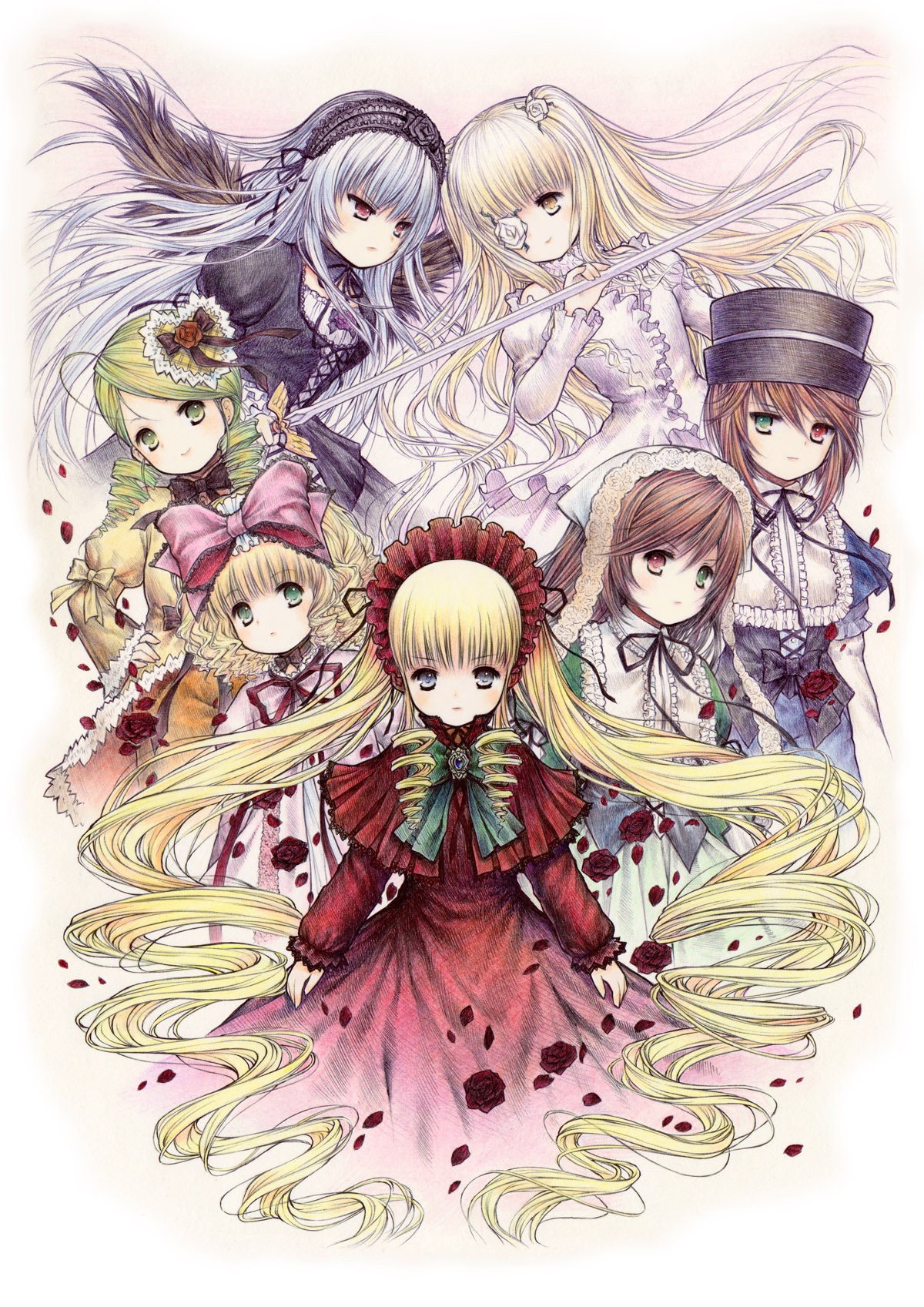 6+girls blonde_hair blue_eyes bow brown_hair dress eyepatch frills green_eyes green_hair hairband hat heterochromia hina_ichigo image kanaria long_hair long_sleeves looking_at_viewer multiple multiple_girls petals pink_bow red_eyes shinku short_hair siblings silver_hair sisters smile souseiseki suigintou suiseiseki tagme twins twintails two_side_up very_long_hair wings