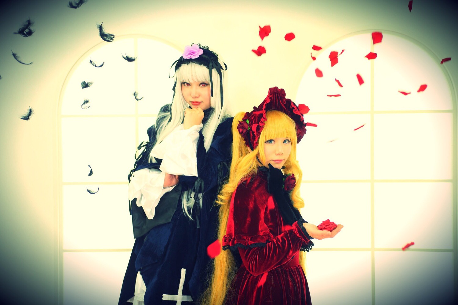 2girls bird blonde_hair blue_eyes bonnet dress feathers flower full_moon long_hair long_sleeves moon multiple_cosplay multiple_girls petals red_dress rose seagull shinku tagme