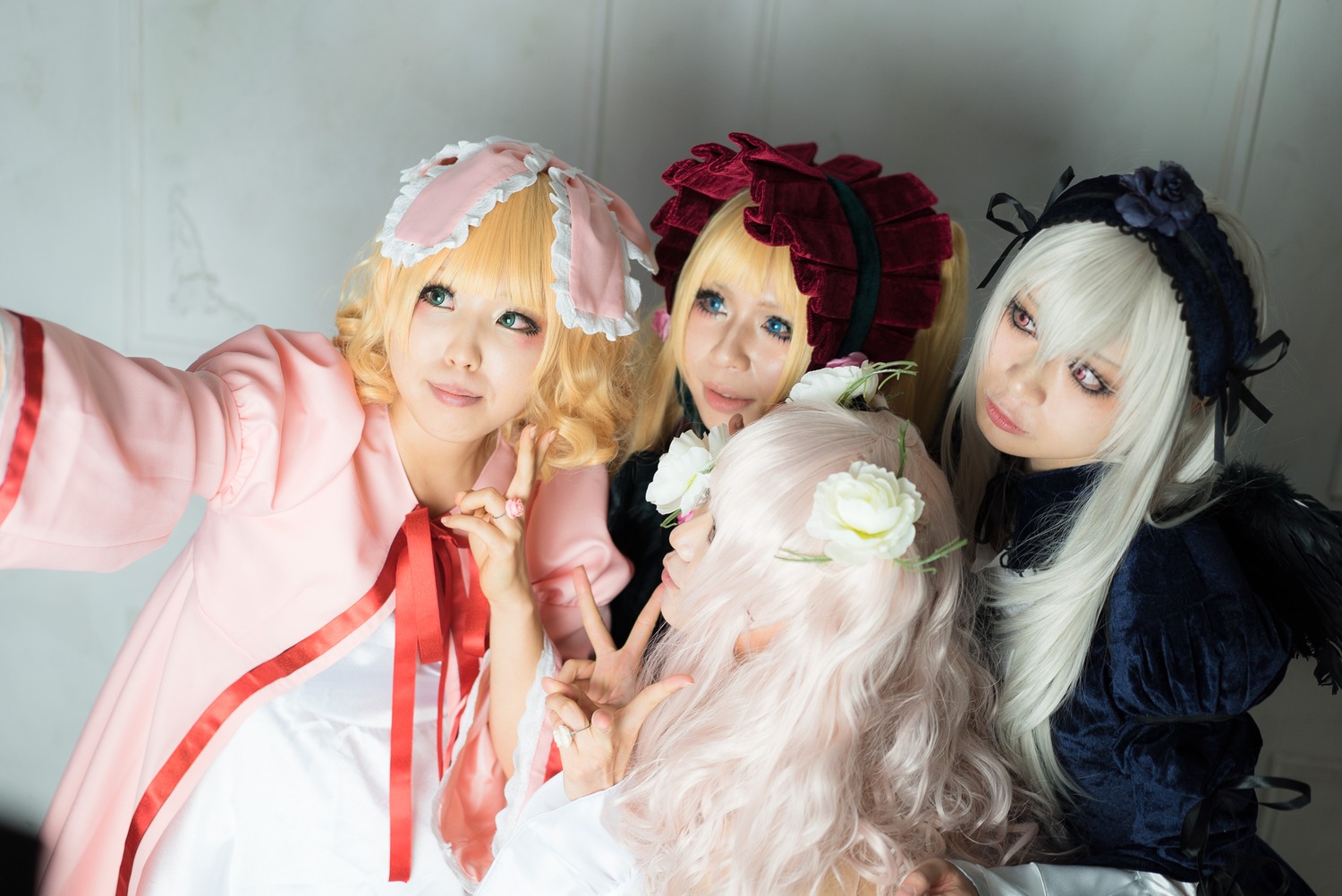 3girls blonde_hair blue_eyes dress flower frills hairband lips long_hair long_sleeves looking_at_viewer multiple_cosplay multiple_girls realistic ribbon rose shinku short_hair siblings silver_hair sisters suigintou tagme wings