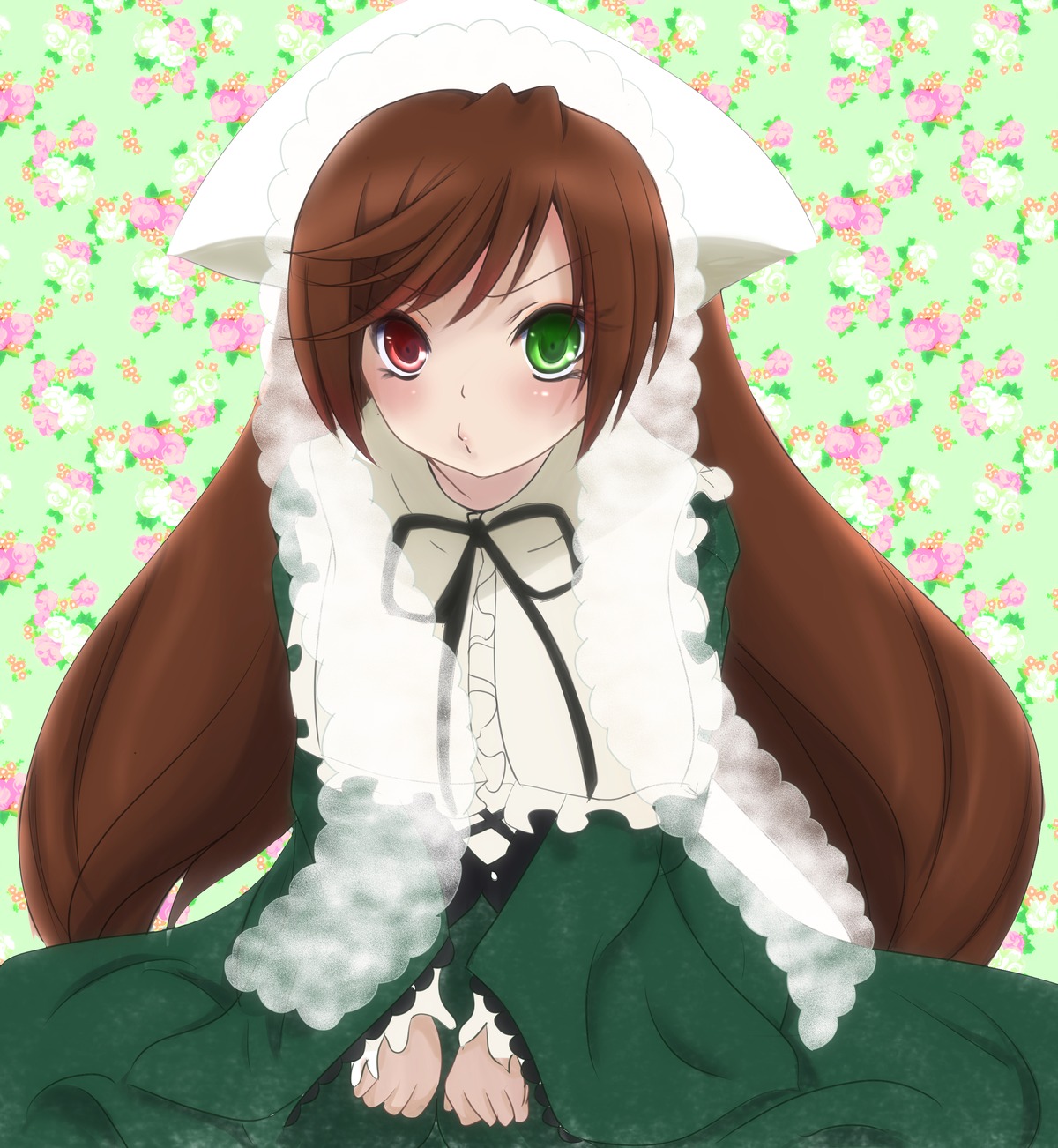 1girl blush brown_hair dress flower frills green_dress green_eyes hat head_scarf heterochromia image long_hair long_sleeves looking_at_viewer red_eyes solo suiseiseki very_long_hair