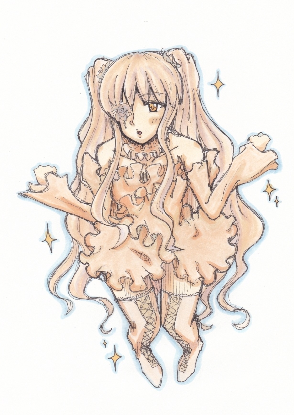 +_+ 1girl boots dress eyepatch image kirakishou long_hair rose solo sparkle sparkle_background striped thighhighs traditional_media very_long_hair