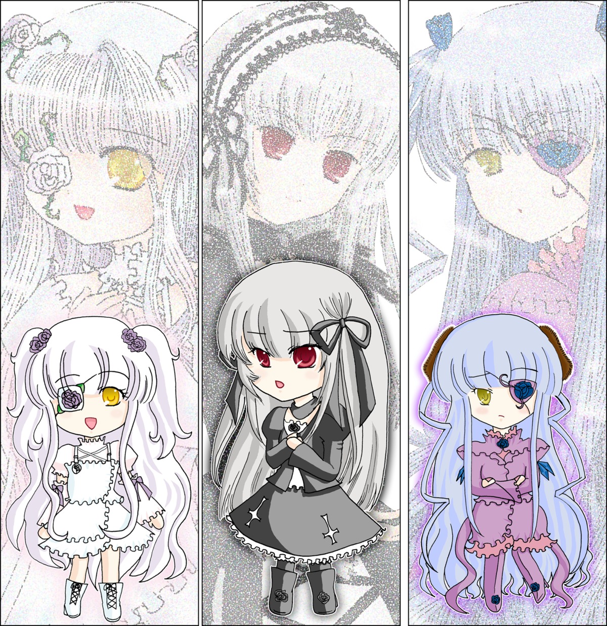 1girl cross-laced_footwear dress eyepatch flower image long_hair multiple multiple_views rose standing tagme very_long_hair yellow_eyes zoom_layer