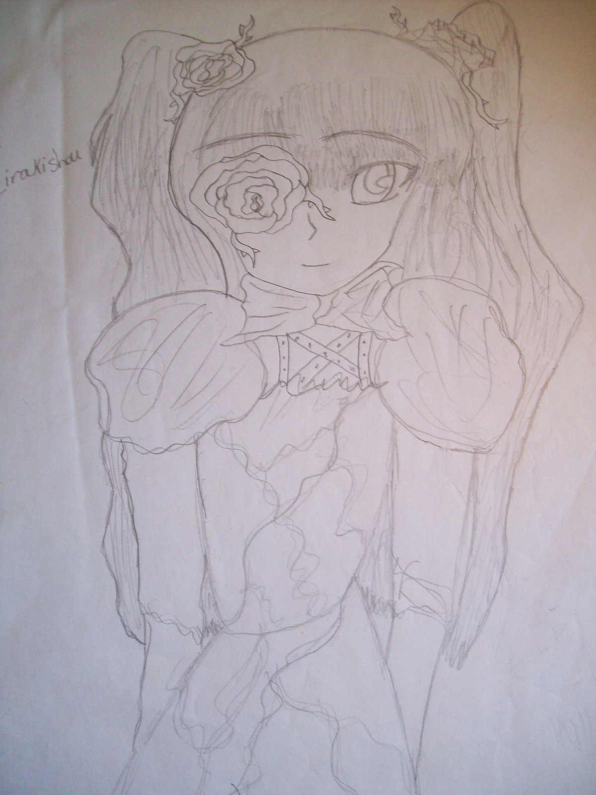 1girl auto_tagged dress flower frills hair_ornament image kirakishou long_hair monochrome rose solo traditional_media