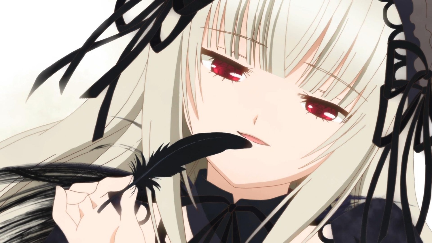 1girl bangs black_ribbon black_wings detached_collar dress eyebrows_visible_through_hair face feathers flower hairband image long_hair looking_at_viewer red_eyes ribbon rose silver_hair simple_background smile solo suigintou