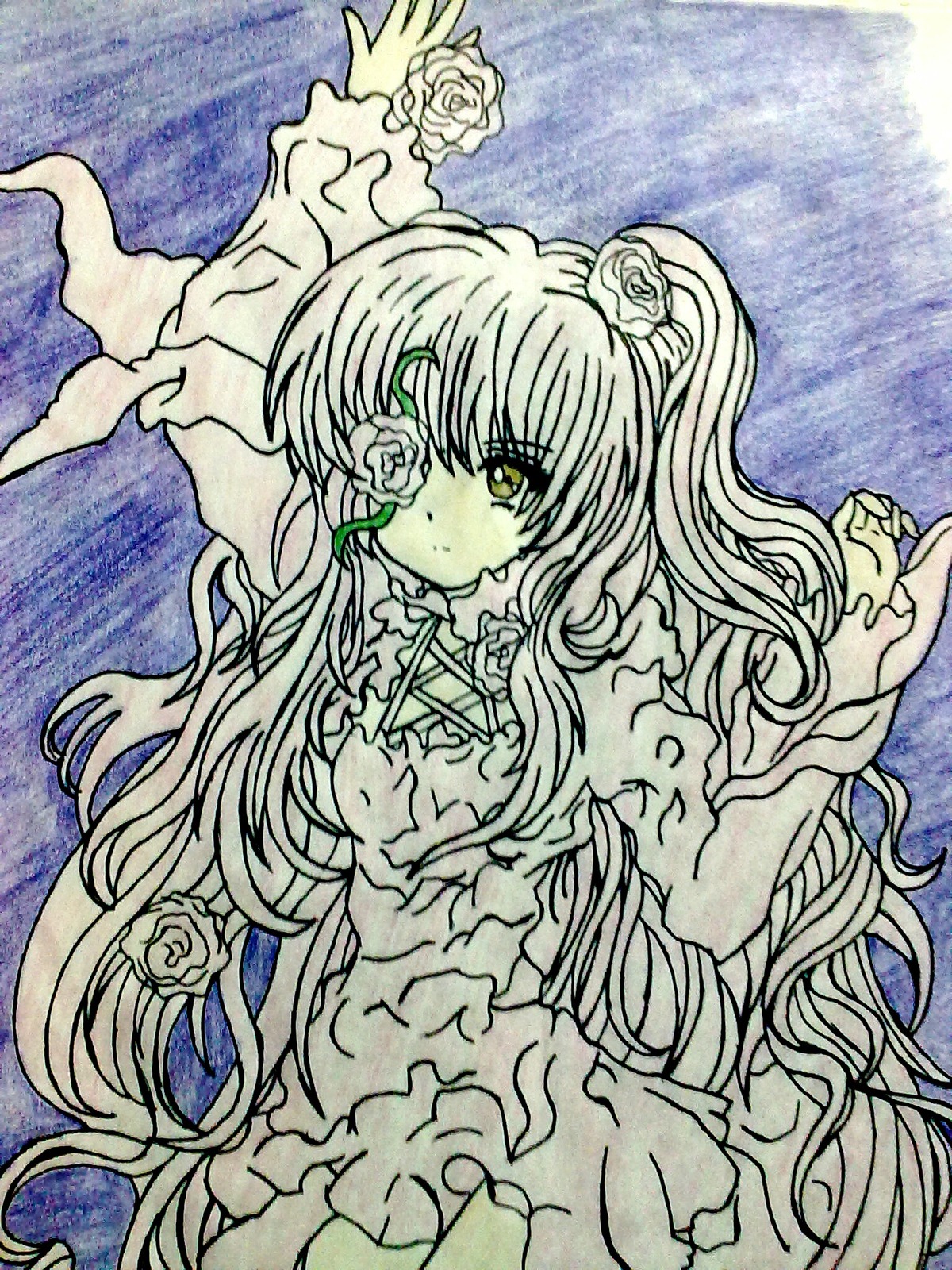 1girl dress eyepatch flower frills hair_flower hair_ornament image kirakishou long_hair monochrome rose solo thorns traditional_media very_long_hair vines yellow_eyes